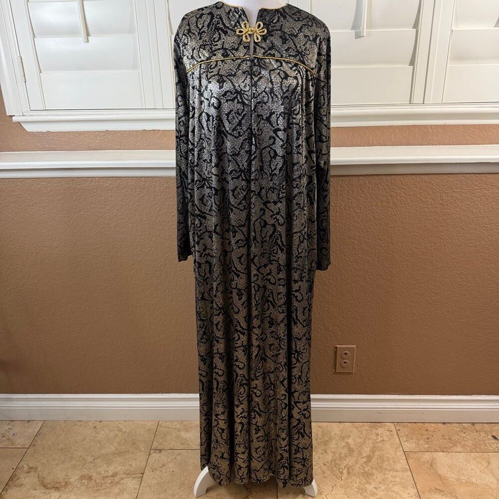 Vintage 70s Lucie Ann Kaftan Silver Black Luxury Loungewear Oriental Print Sz M